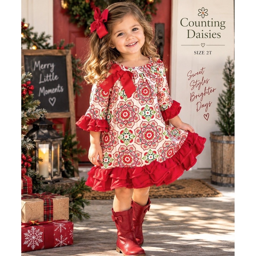 Counting Daisies Girls 2T Ruffle Dress Red Green Floral Bow Christmas Holiday